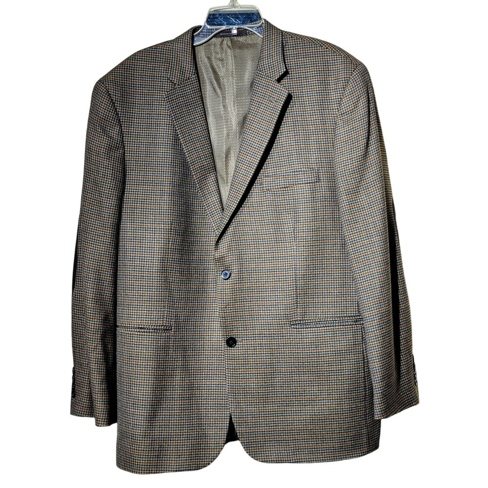 Tasso Elba Macy's Elbow Patch 100% Wool Brown Houndstooth Sports Coat Mens 44R
